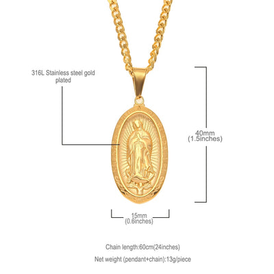 Catholic Religious Virgin Mary Necklace Pendant Stainless Steel Gold Color Cross Medallion Necklace eprolo