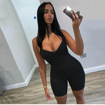 NCLAGEN Summer Sleeveless V Neck Bodycon Rompers 2020 Women Streetwear Fitness Spaghetti Strap Playsuit Short Jumpsuit Outfit eprolo