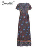 Simplee Vintage floral print summer dress Ruffle split sash sexy long dress Bohemian women dress holiday beach dress vestidos eprolo