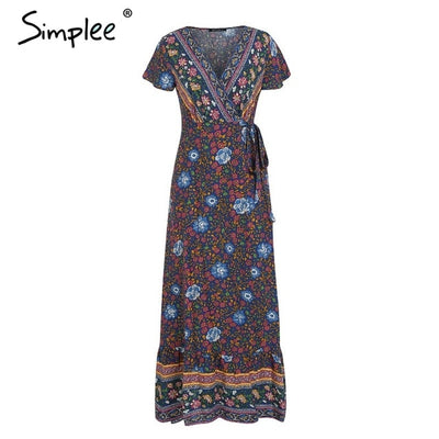 Simplee Vintage floral print summer dress Ruffle split sash sexy long dress Bohemian women dress holiday beach dress vestidos eprolo