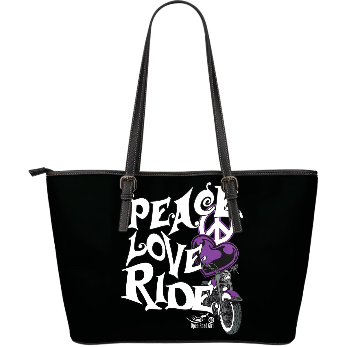 PURPLE Peace, Love, Ride LARGE PU LEATHER TOTE Getbrewtaps.com