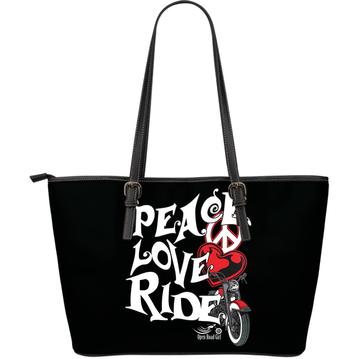 REDPeace, Love, Ride LARGE PU LEATHER TOTE Getbrewtaps.com