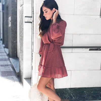 Summer Women Ruffles Lace Chiffon Dress Boho Mini Beach Dress Three Quarter Sleeve Ladies Party Dresses eprolo