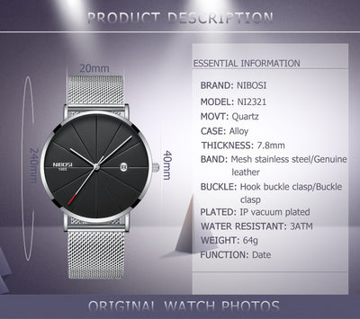 NIBOSI Ultra Thin Fashion Men Watch Top Luxury Brand Business Quartz Watches Waterproof Sports Watch eprolo