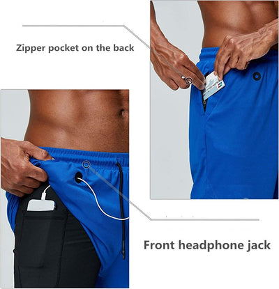 Men's music shorts 2 in 1 running shorts security pockets shorts quick drying sports shorts built-in pockets hip zipper pockets eprolo