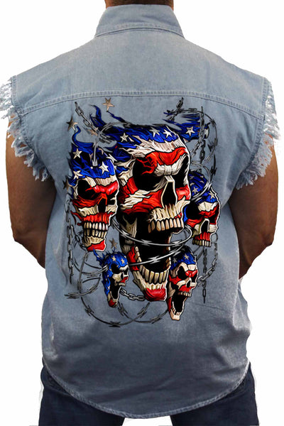 Men's Sleeveless Denim Shirt USA Flag Skulls & Chains Biker SHORE TRENDZ