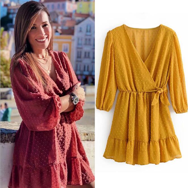 Summer Women Ruffles Lace Chiffon Dress Boho Mini Beach Dress Three Quarter Sleeve Ladies Party Dresses