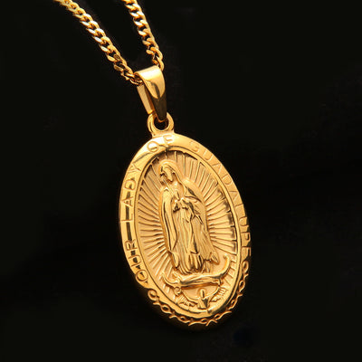 Catholic Religious Virgin Mary Necklace Pendant Stainless Steel Gold Color Cross Medallion Necklace eprolo