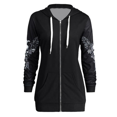 Women Skull Wings Print Halloween Zip Up Hoodies Sweatshirts eprolo