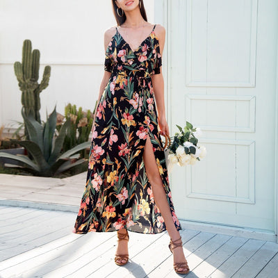 Backless v neck ruffles sexy dress women High waist split long dress summer Beach maxi dress boho print dress eprolo