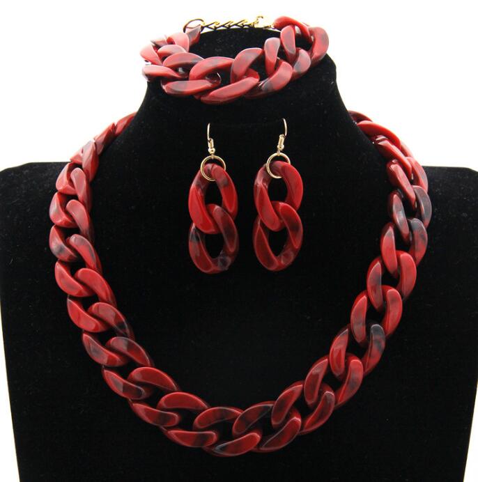 Stone Color Chain Necklace Acrylic Chain Buckle Earrings Bracelet Necklace Set eprolo