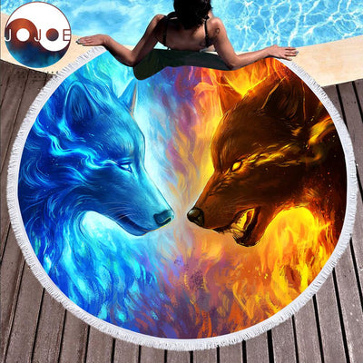 Fire and Ice by JoJoesArt Large Round Beach Towel Adults Wolf Printed Microfiber Toalla Tassel Serviette De Plage 150cm Blanket eprolo