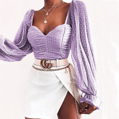 NewAsia Polka Dot Blouse Women Mesh Shirts Pink Tops Sweetheart Neckline Lantern Sleeve Ruched Blouse White Blusas Vintage Shirt eprolo