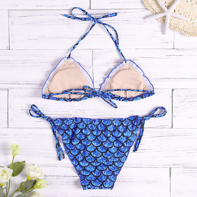 Fish Scales Print Ruffle Strap Side Tied Low Waist Bikini Set for Women Hypersku