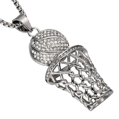Men's Necklace Ice Gold Basketball And Hoop Necklace Gold Silver Steel Chain Pendant Long Chain Necklace Sport Cell Gift eprolo