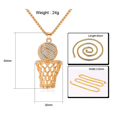 Men's Necklace Ice Gold Basketball And Hoop Necklace Gold Silver Steel Chain Pendant Long Chain Necklace Sport Cell Gift eprolo
