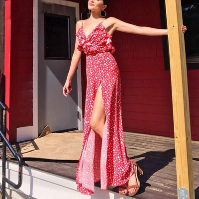 Backless v neck ruffles sexy dress women High waist split long dress summer Beach maxi dress boho print dress eprolo