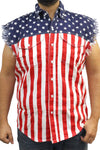 Men's Sleeveless Denim Shirt USA Flag Skulls & Chains Biker SHORE TRENDZ