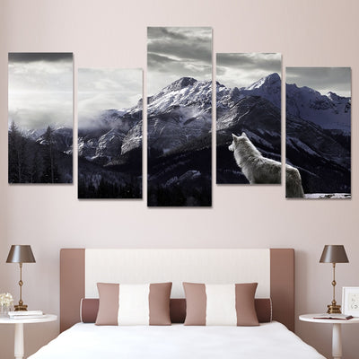 HD Prints Canvas Wall Art Living Room Home Decor Pictures 5 Pieces Snow Mountain Plateau Wolf Paintings Animal Posters Framework eprolo