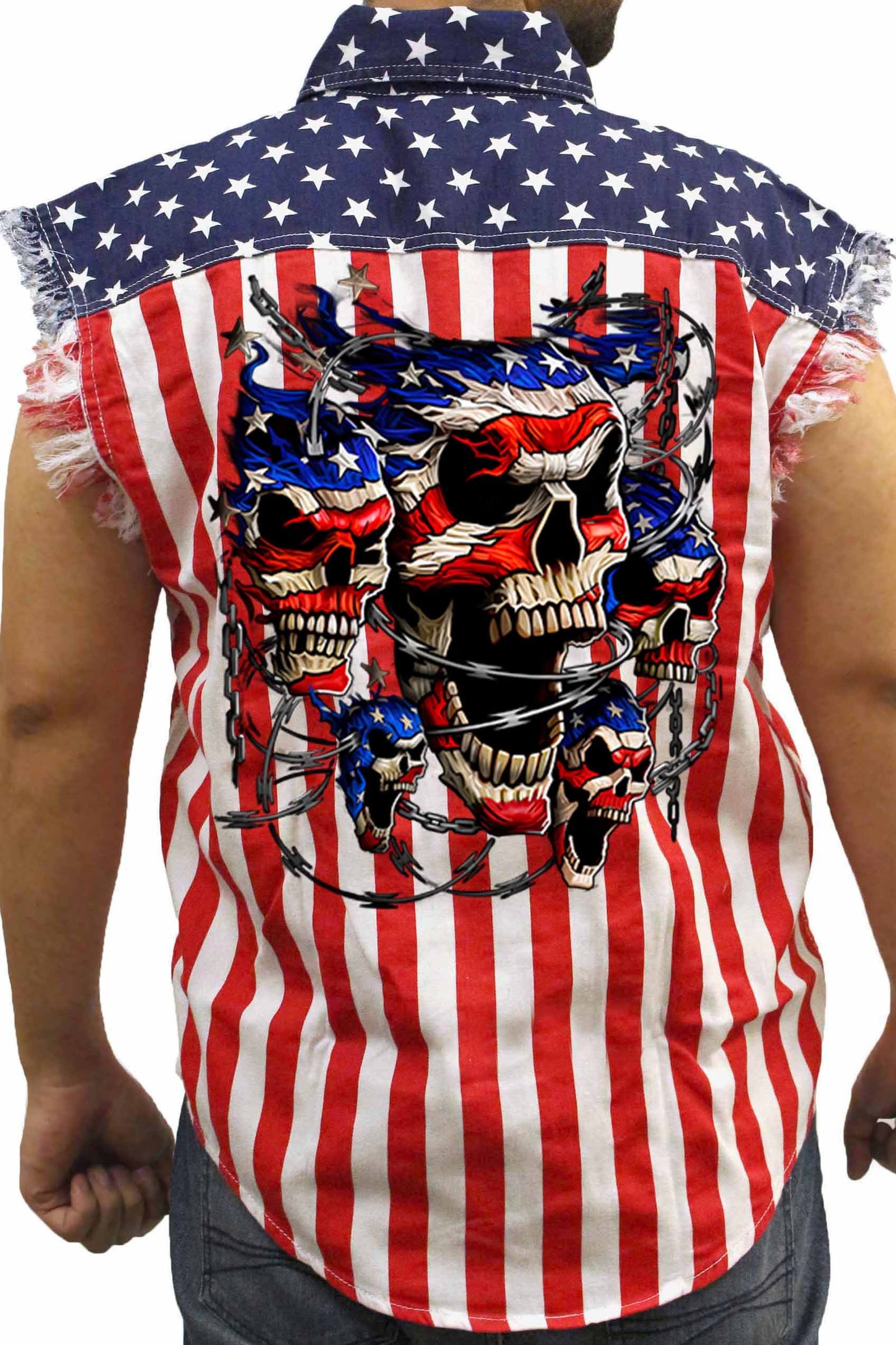 Men's Sleeveless Denim Shirt USA Flag Skulls & Chains Biker SHORE TRENDZ