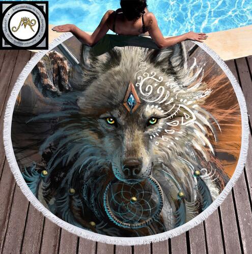 Wolf Warrior by SunimaArt Round Beach Towel Adults Wolf Printed Microfiber With Tassel Towel Indian Blanket Large Native Toalla eprolo