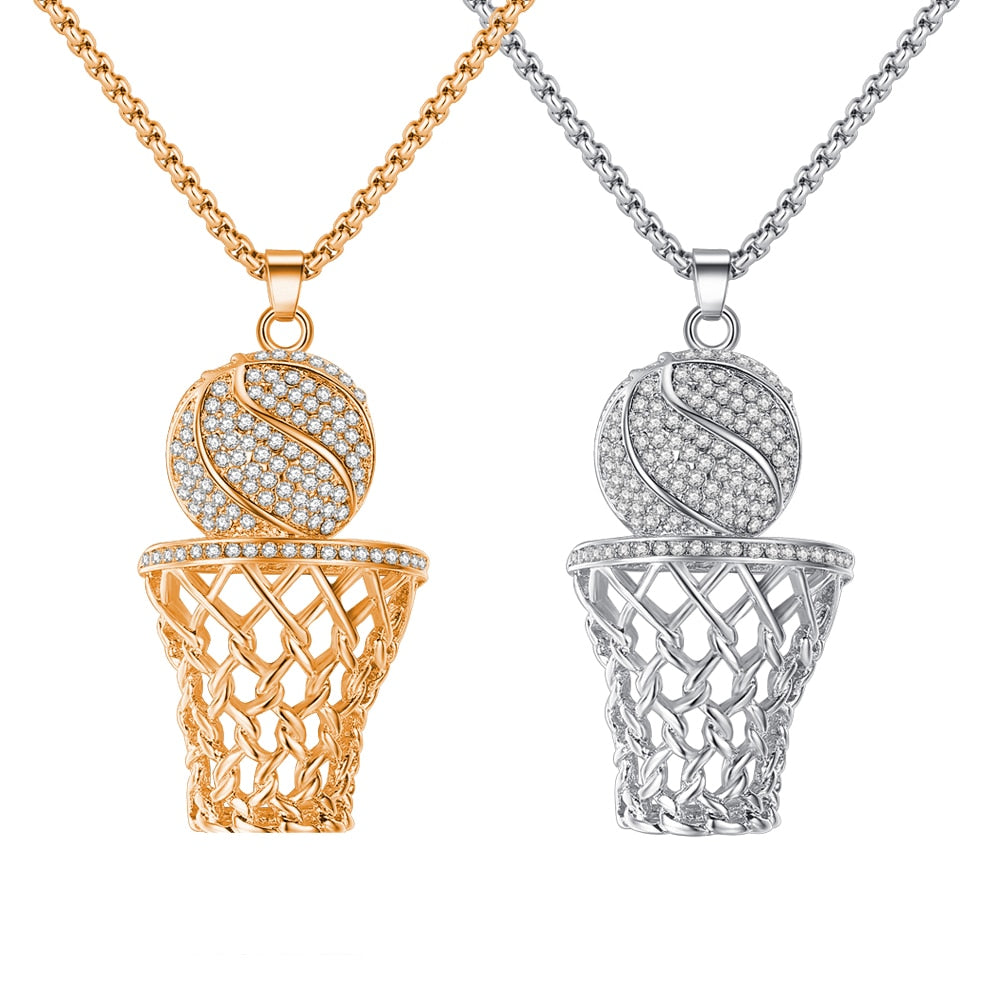 Men's Necklace Ice Gold Basketball And Hoop Necklace Gold Silver Steel Chain Pendant Long Chain Necklace Sport Cell Gift eprolo
