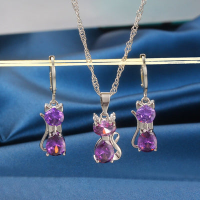 Kitty Earrings Necklace Set For Women Fashion Two Piece Jewelry Set Simple Zircon Set eprolo