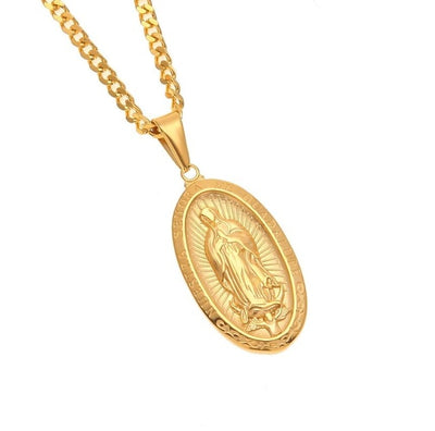 Catholic Religious Virgin Mary Necklace Pendant Stainless Steel Gold Color Cross Medallion Necklace eprolo