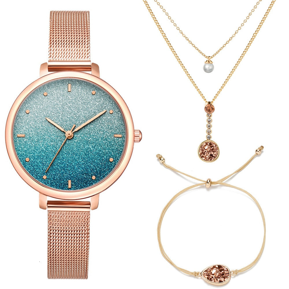 Stardust Watch Women Necklace Bracelet Set (3PCS/Set) Women's Watches Stainless Steel Mesh Starry Sky Quartz Female Wrist Watch eprolo
