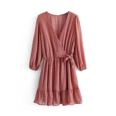 Summer Women Ruffles Lace Chiffon Dress Boho Mini Beach Dress Three Quarter Sleeve Ladies Party Dresses eprolo
