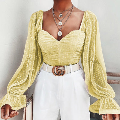 NewAsia Polka Dot Blouse Women Mesh Shirts Pink Tops Sweetheart Neckline Lantern Sleeve Ruched Blouse White Blusas Vintage Shirt eprolo