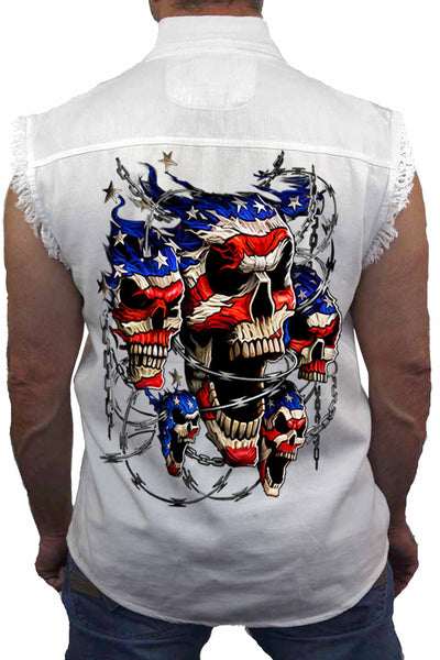 Men's Sleeveless Denim Shirt USA Flag Skulls & Chains Biker SHORE TRENDZ