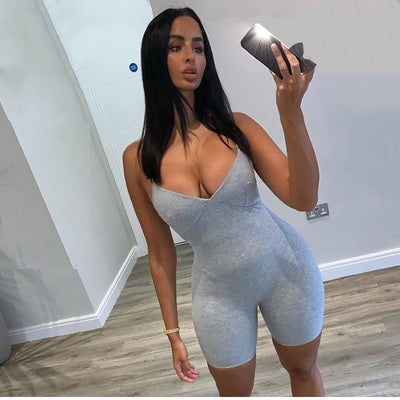 NCLAGEN Summer Sleeveless V Neck Bodycon Rompers 2020 Women Streetwear Fitness Spaghetti Strap Playsuit Short Jumpsuit Outfit eprolo