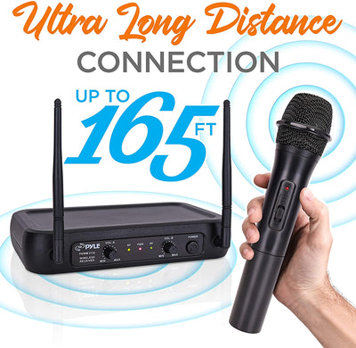 Pyle Channel Microphone System-VHF Fixed Dual Frequency Wireless Set with 2 Handheld Dynamic Transmitter Mics, Receiver Base-for PA, Karaoke, Dj Party (PDWM2135) Visit the Pyle Store