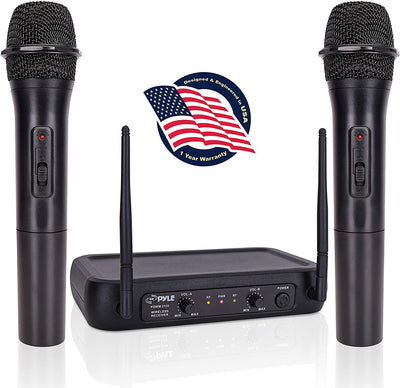 Pyle Channel Microphone System-VHF Fixed Dual Frequency Wireless Set with 2 Handheld Dynamic Transmitter Mics, Receiver Base-for PA, Karaoke, Dj Party (PDWM2135) Visit the Pyle Store