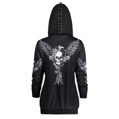 Women Skull Wings Print Halloween Zip Up Hoodies Sweatshirts eprolo