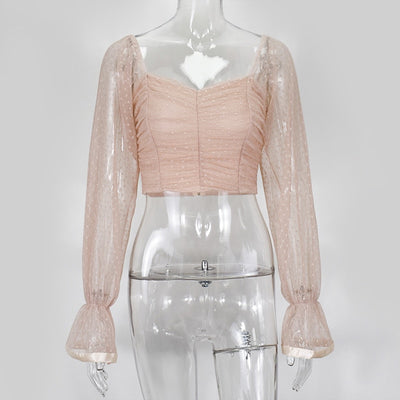 NewAsia Polka Dot Blouse Women Mesh Shirts Pink Tops Sweetheart Neckline Lantern Sleeve Ruched Blouse White Blusas Vintage Shirt eprolo