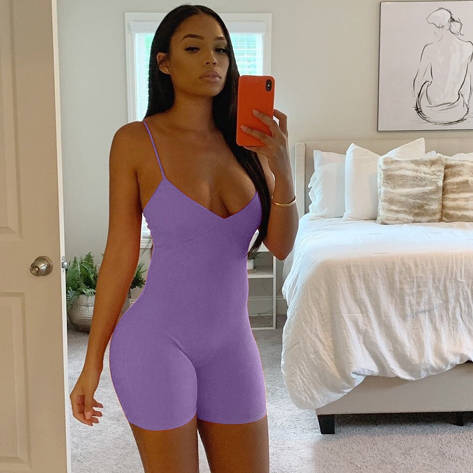 NCLAGEN Summer Sleeveless V Neck Bodycon Rompers 2020 Women Streetwear Fitness Spaghetti Strap Playsuit Short Jumpsuit Outfit eprolo