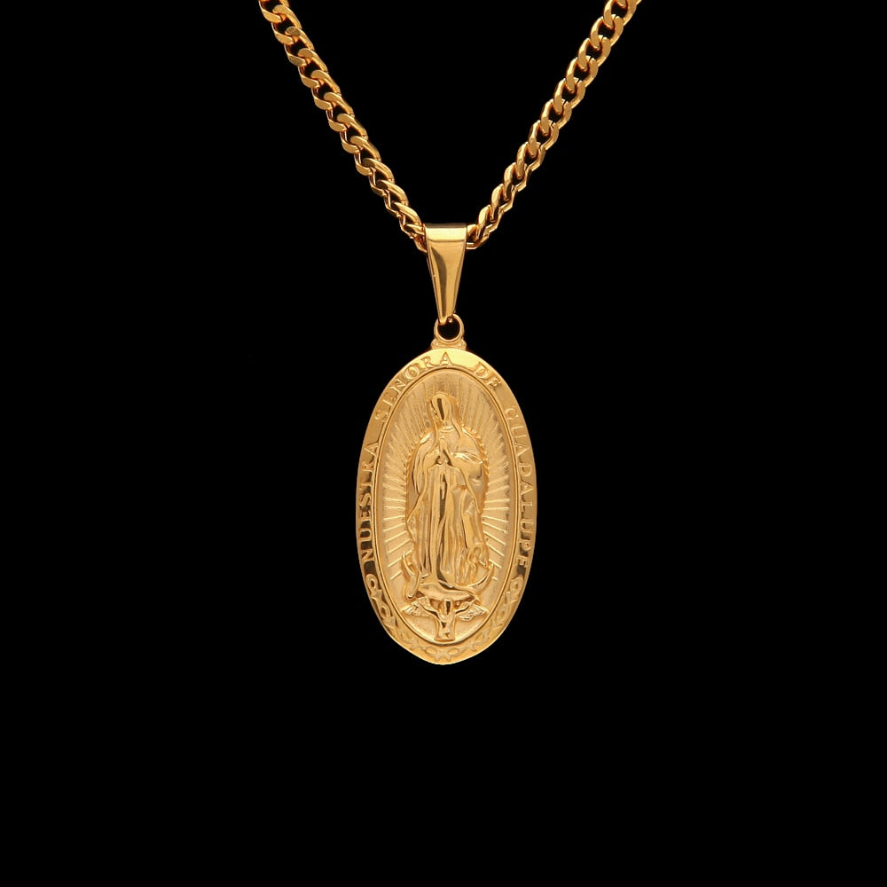 Catholic Religious Virgin Mary Necklace Pendant Stainless Steel Gold Color Cross Medallion Necklace eprolo