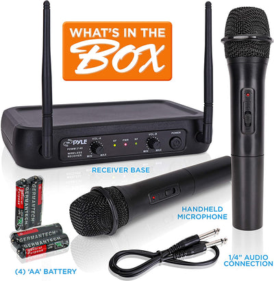 Pyle Channel Microphone System-VHF Fixed Dual Frequency Wireless Set with 2 Handheld Dynamic Transmitter Mics, Receiver Base-for PA, Karaoke, Dj Party (PDWM2135) Visit the Pyle Store