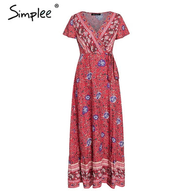 Simplee Vintage floral print summer dress Ruffle split sash sexy long dress Bohemian women dress holiday beach dress vestidos eprolo
