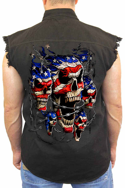 Men's Sleeveless Denim Shirt USA Flag Skulls & Chains Biker SHORE TRENDZ