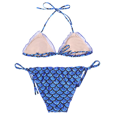 Fish Scales Print Ruffle Strap Side Tied Low Waist Bikini Set for Women Hypersku