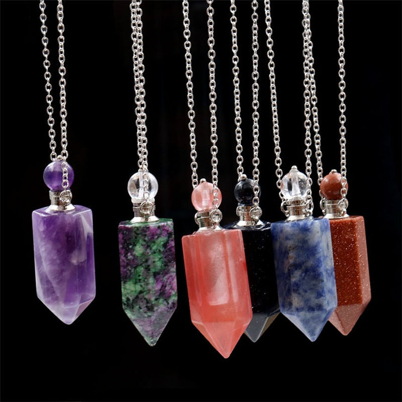 Natural Crystal Hexagonal Perfume Bottle Pendant Necklace  Fluorite Pendant Essential Oil Jar Chain Necklace eprolo