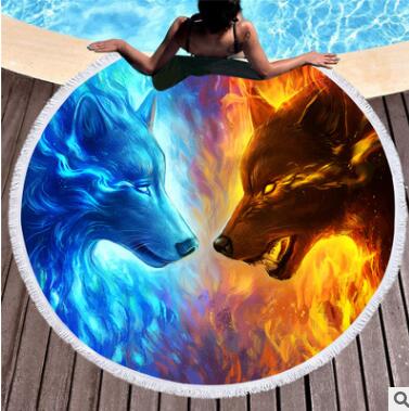 Fire and Ice by JoJoesArt Large Round Beach Towel Adults Wolf Printed Microfiber Toalla Tassel Serviette De Plage 150cm Blanket