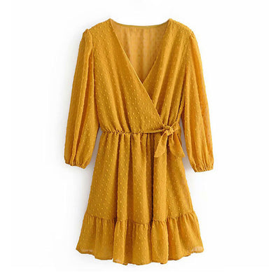 Summer Women Ruffles Lace Chiffon Dress Boho Mini Beach Dress Three Quarter Sleeve Ladies Party Dresses eprolo