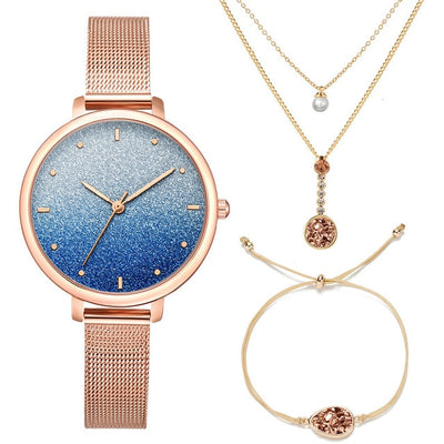 Stardust Watch Women Necklace Bracelet Set (3PCS/Set) Women's Watches Stainless Steel Mesh Starry Sky Quartz Female Wrist Watch eprolo