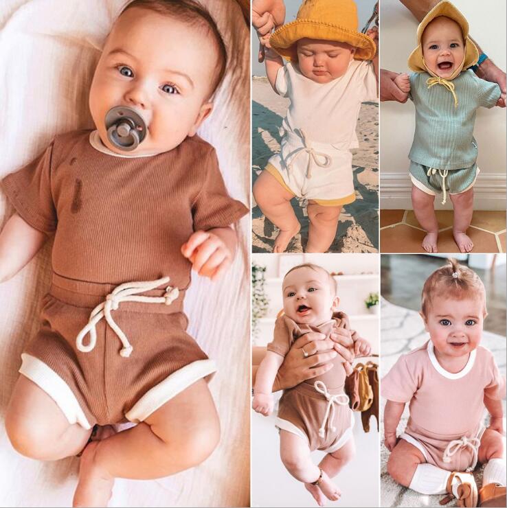 2020 Toddler Baby Boys Girls Summer Clothing Newborn Kids Baby Girls Ribbed Knitted Short Sleeve T-shirts+Shorts Tracksuits Sets eprolo