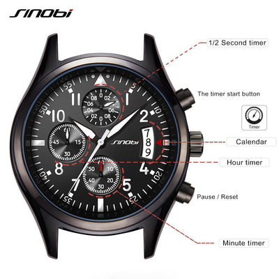 SINOBI Pilot Mens Chronograph Wrist Watch Waterproof Quartz Clock eprolo