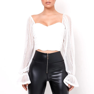 NewAsia Polka Dot Blouse Women Mesh Shirts Pink Tops Sweetheart Neckline Lantern Sleeve Ruched Blouse White Blusas Vintage Shirt eprolo